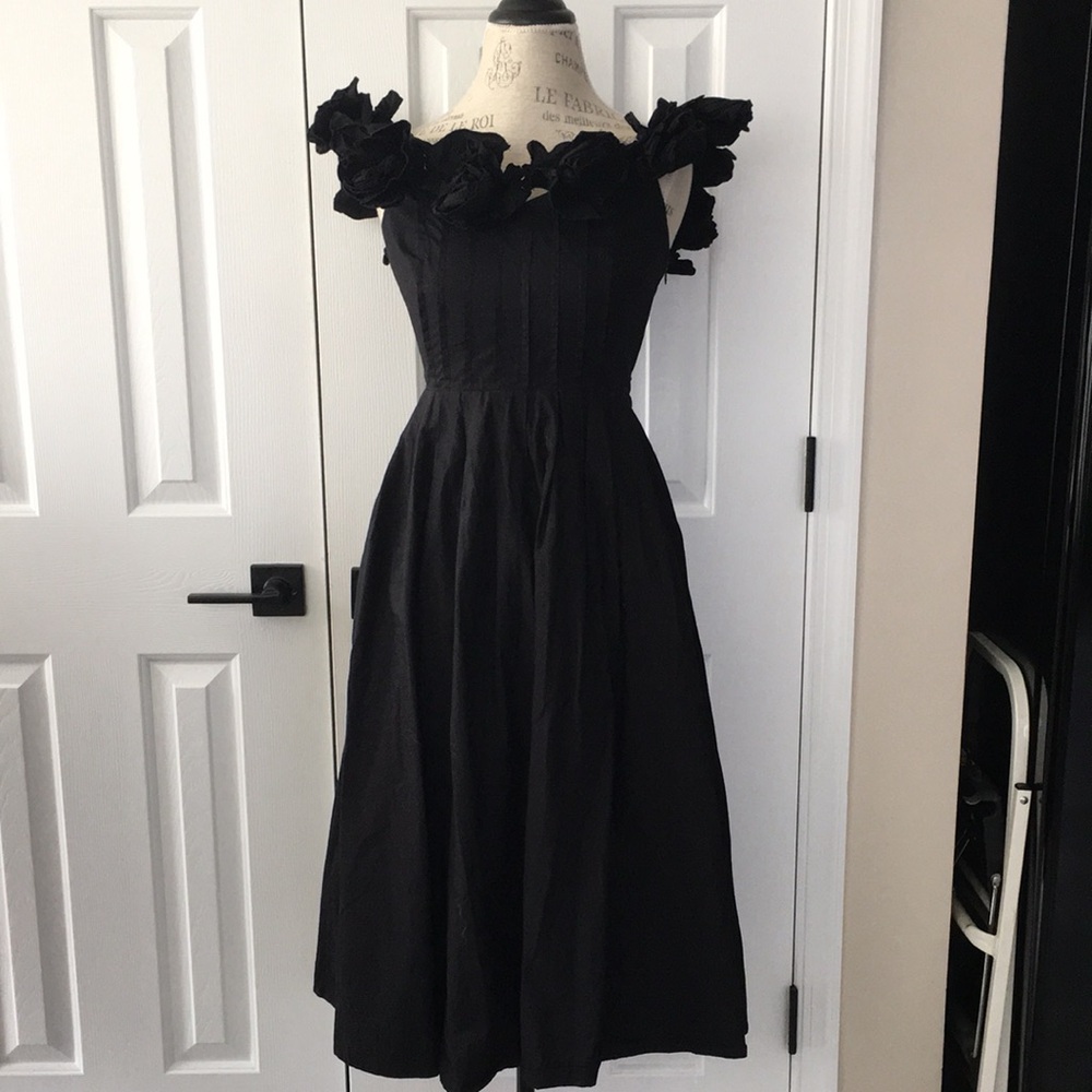 Anthropologie Black Floral-Trim Midi Dress